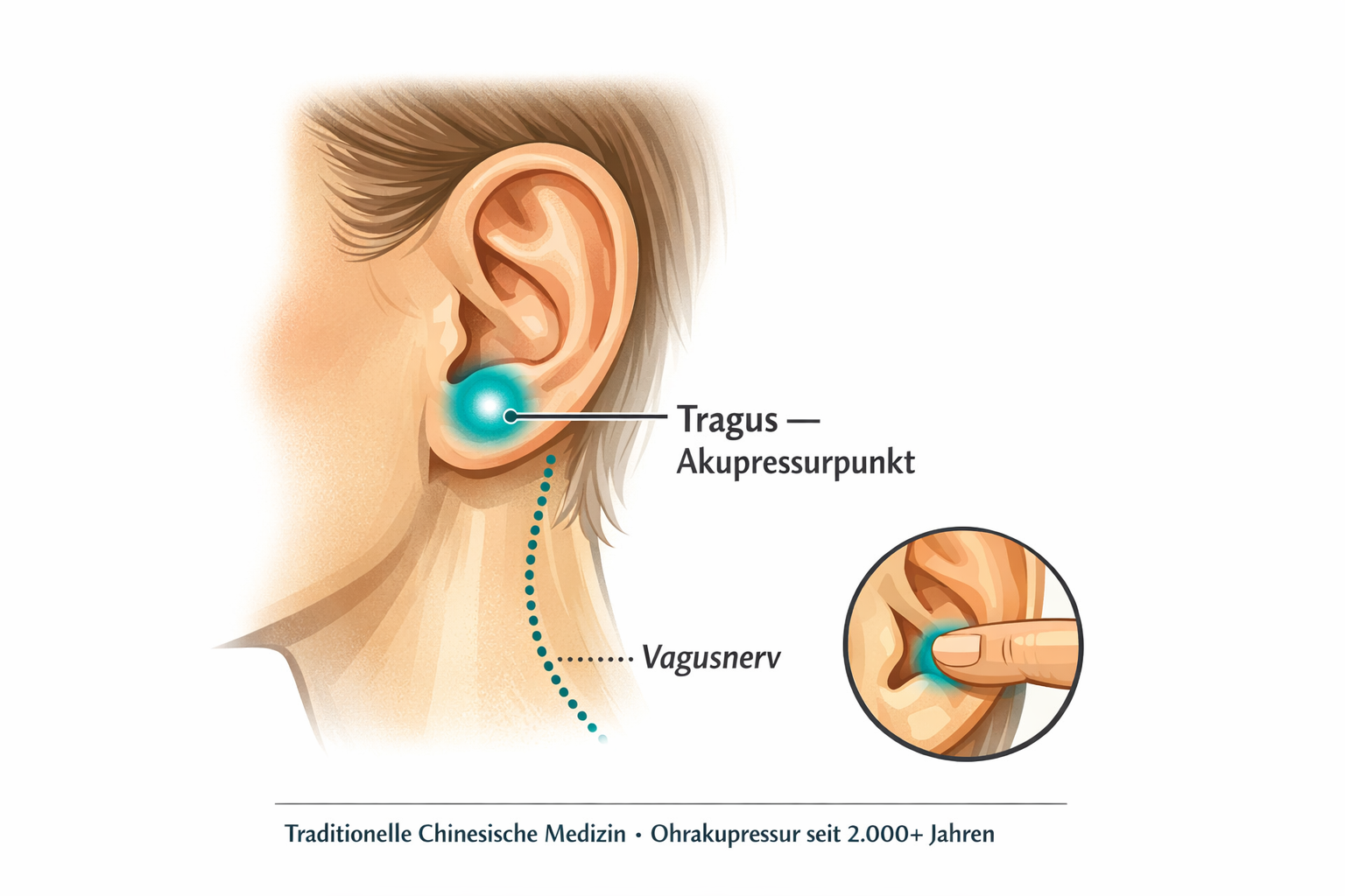 Infografik: Akupressurpunkte am Ohr, Tragus und Vagusnerv-Verbindung — Ohrakupressur seit 2.000 Jahren