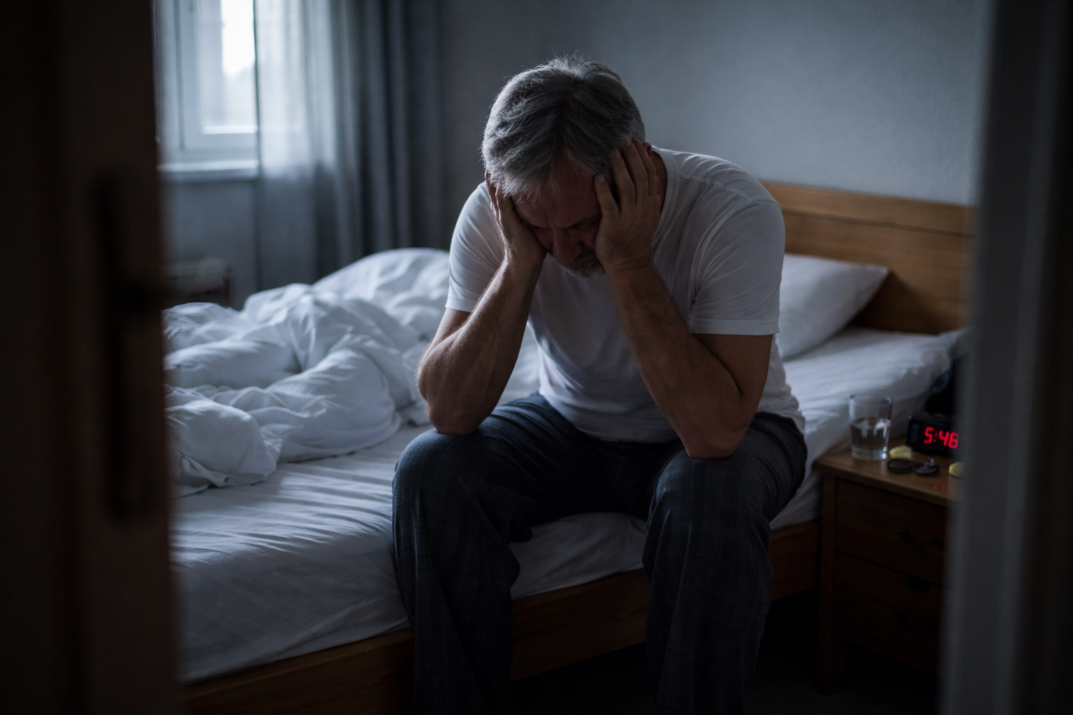 Mann sitzt frühmorgens am Bettrand, den Kopf in den Händen, erschöpft vom Tinnitus