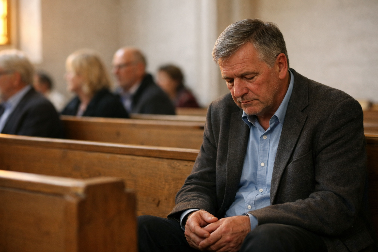 Älterer Mann sitzt allein in einer Kirchenbank, den Blick gesenkt, während einer Familienfeier