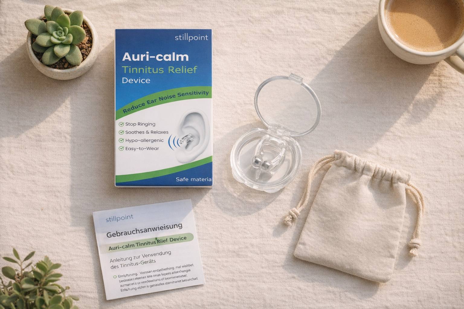 Stillpoint Paketinhalt — Ohrclip, Anleitung und Aufbewahrungsbeutel