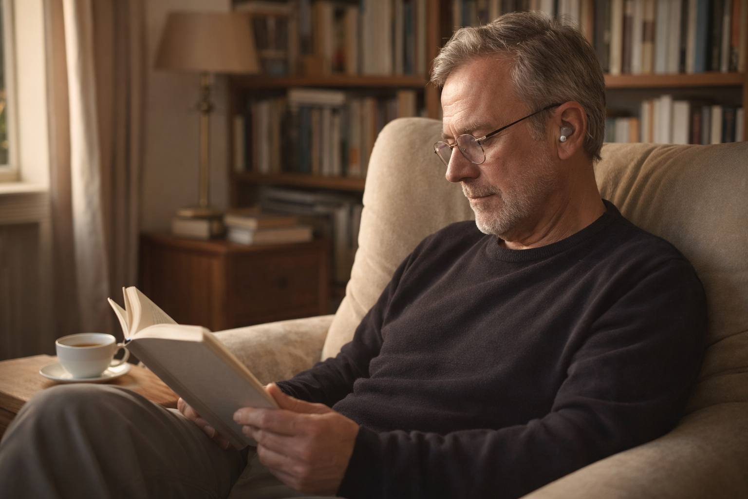 Mann trägt Stillpoint Ohrclip diskret beim Lesen — Alltagsszene