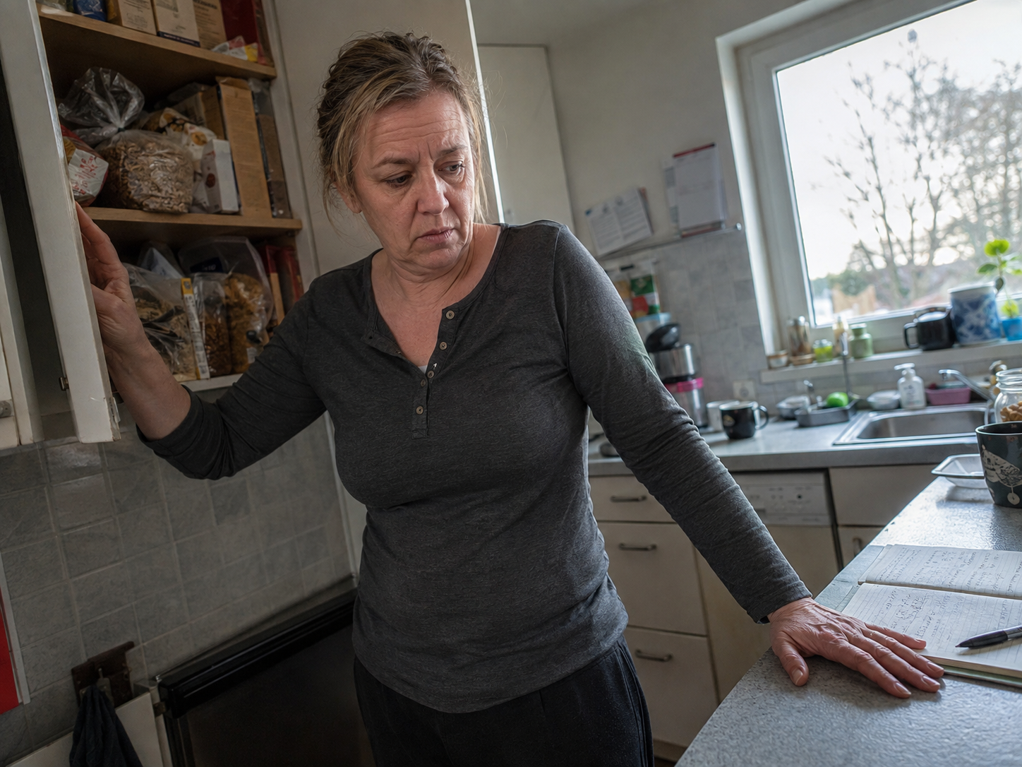 Nachmittagsszene in der Küche — offener Vorratsschrank mit Snacks, ein Moment stiller Zerrissenheit zwischen Verzicht und Verlangen