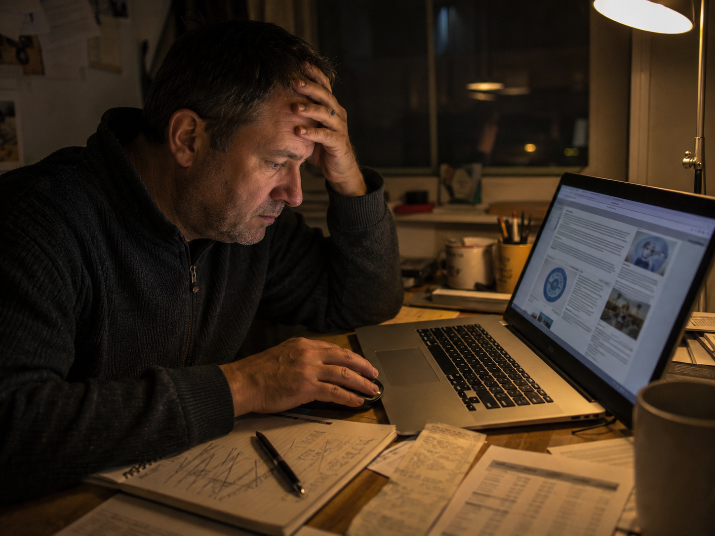 Späte Abendszene am Schreibtisch mit Laptop — Recherche über Blutzucker, Berberin und Metformin-Alternativen, gedämpftes Licht, spürbare Anspannung