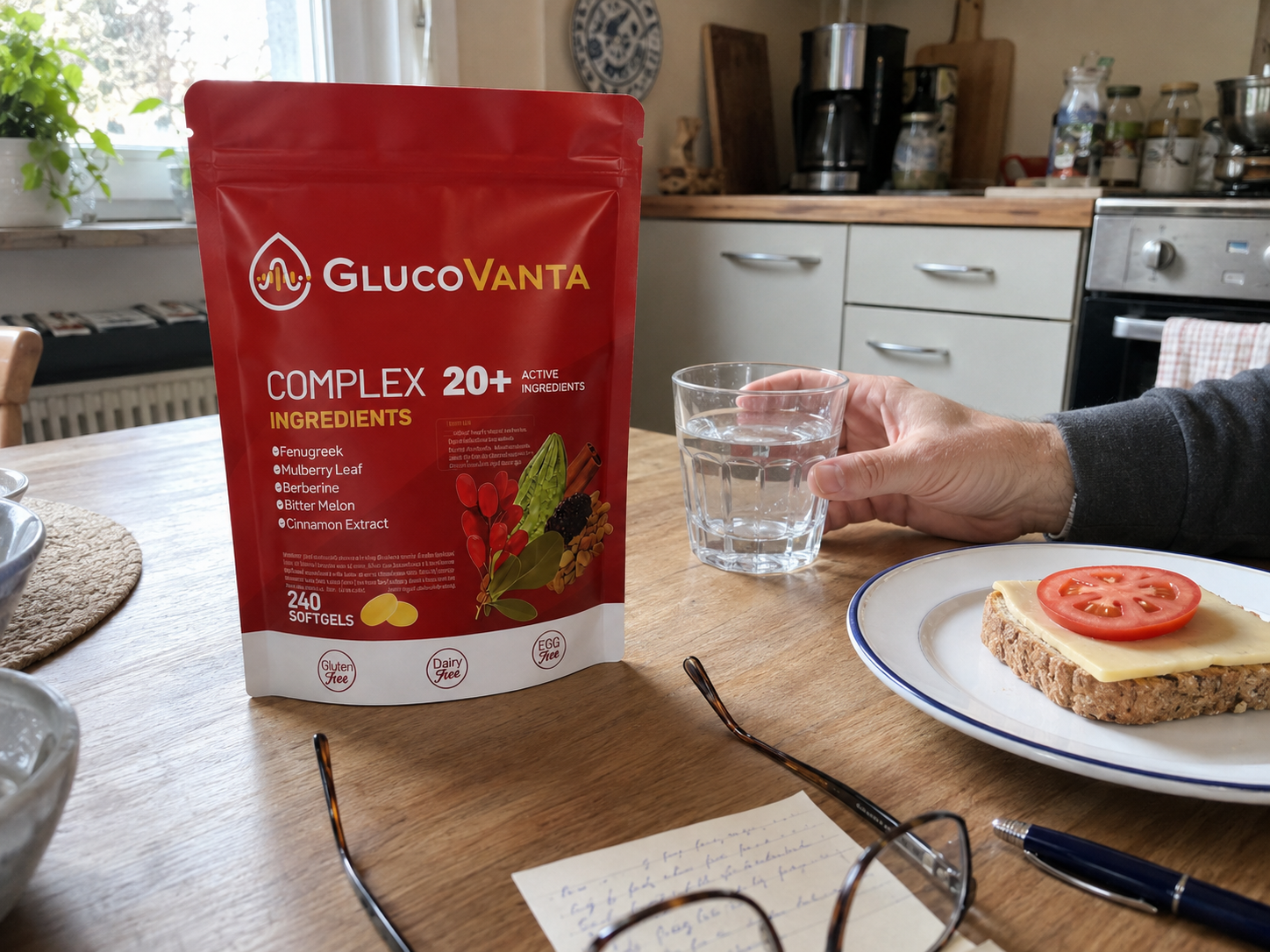Morgen in der Küche — der GlucoVanta-Beutel neben einem Glas Wasser, die tägliche Softgel-Route als ruhiger, privater erster Schritt