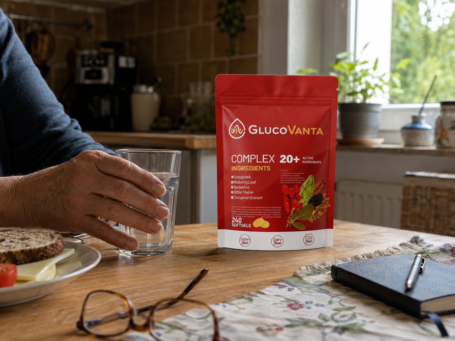 GlucoVanta Beutel neben Wasserglas auf einem Frühstückstisch · die tägliche Softgel-Route als privater erster Schritt