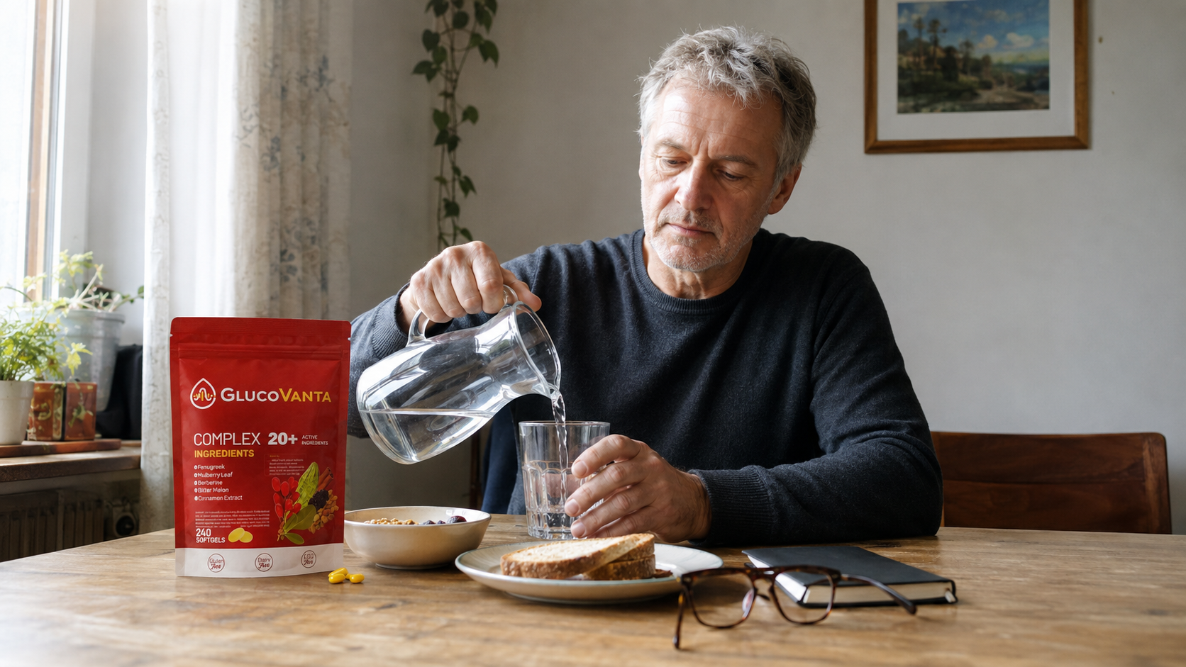 Ruhiger Morgen am Frühstückstisch — der GlucoVanta-Beutel neben Kaffee und Zeitung, die tägliche Softgel-Route als Teil einer wieder in eigene Hand genommenen Routine