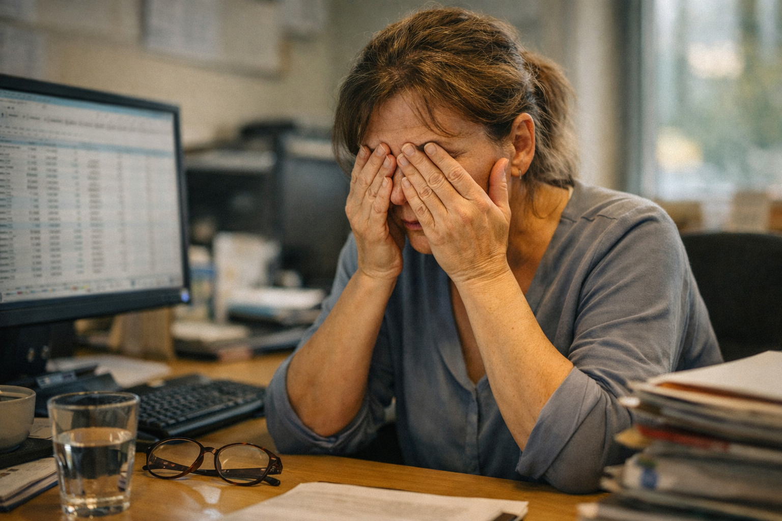 Erschöpfte Frau am Büroschreibtisch reibt sich die Augen nach stundenlanger Bildschirmarbeit