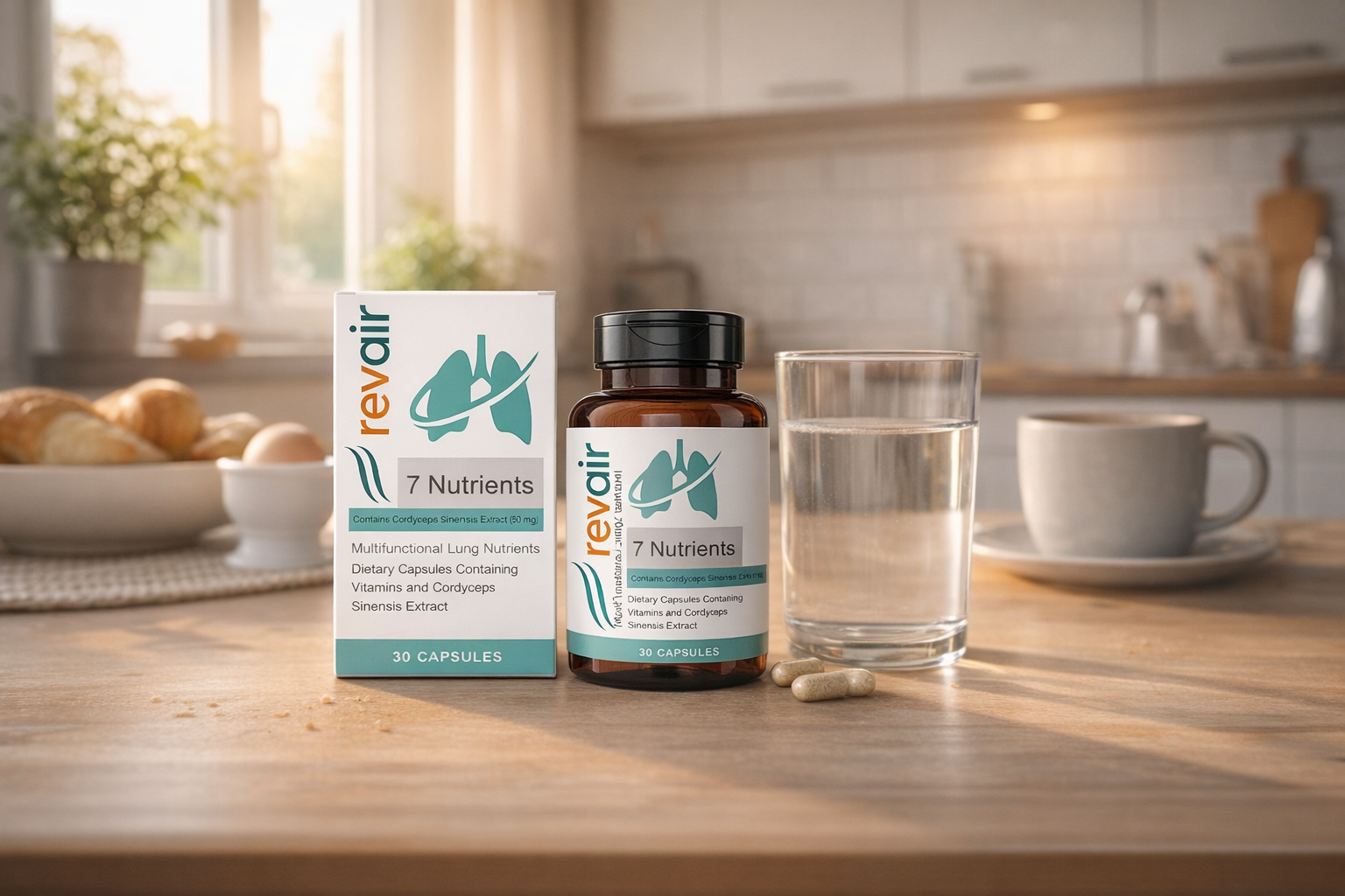 Revair Flasche auf einer Küchenarbeitsplatte neben einem Glas Wasser