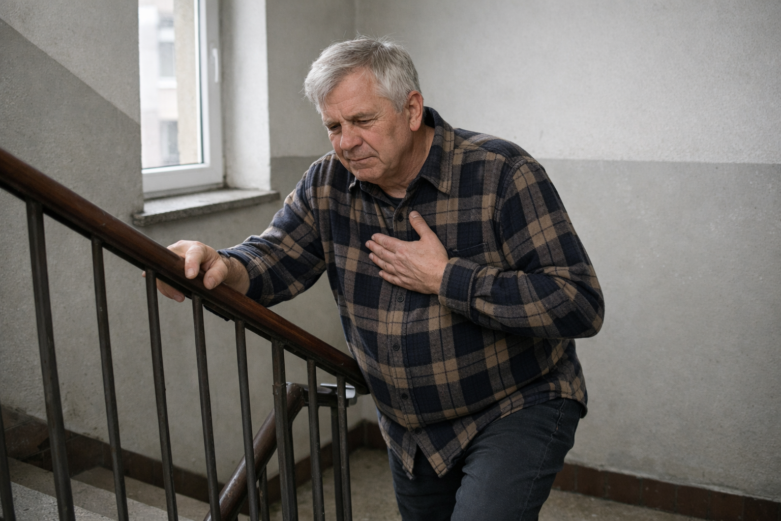 Mann hält sich am Treppengeländer fest und holt Luft