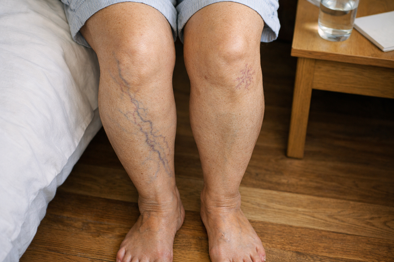 Nahaufnahme der Unterschenkel einer Frau mit sichtbaren Krampfadern – häusliche Umgebung