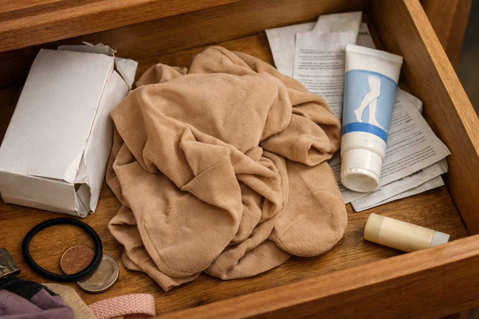 Kaum getragene Kompressionsstrümpfe in einer Schublade – neben einem halb benutzten Venengel