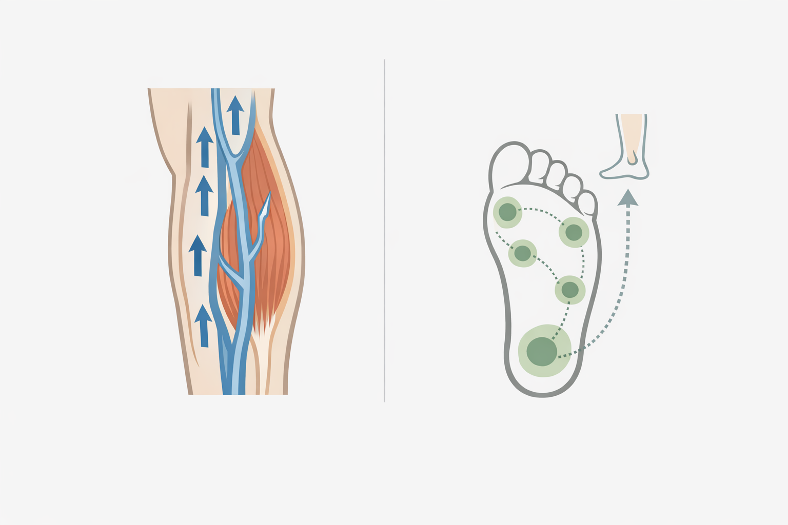 Infografik: Wadenmuskelpumpe und Reflexzonen der Fußsohle – Zusammenhang zwischen Schritten und Venenfunktion