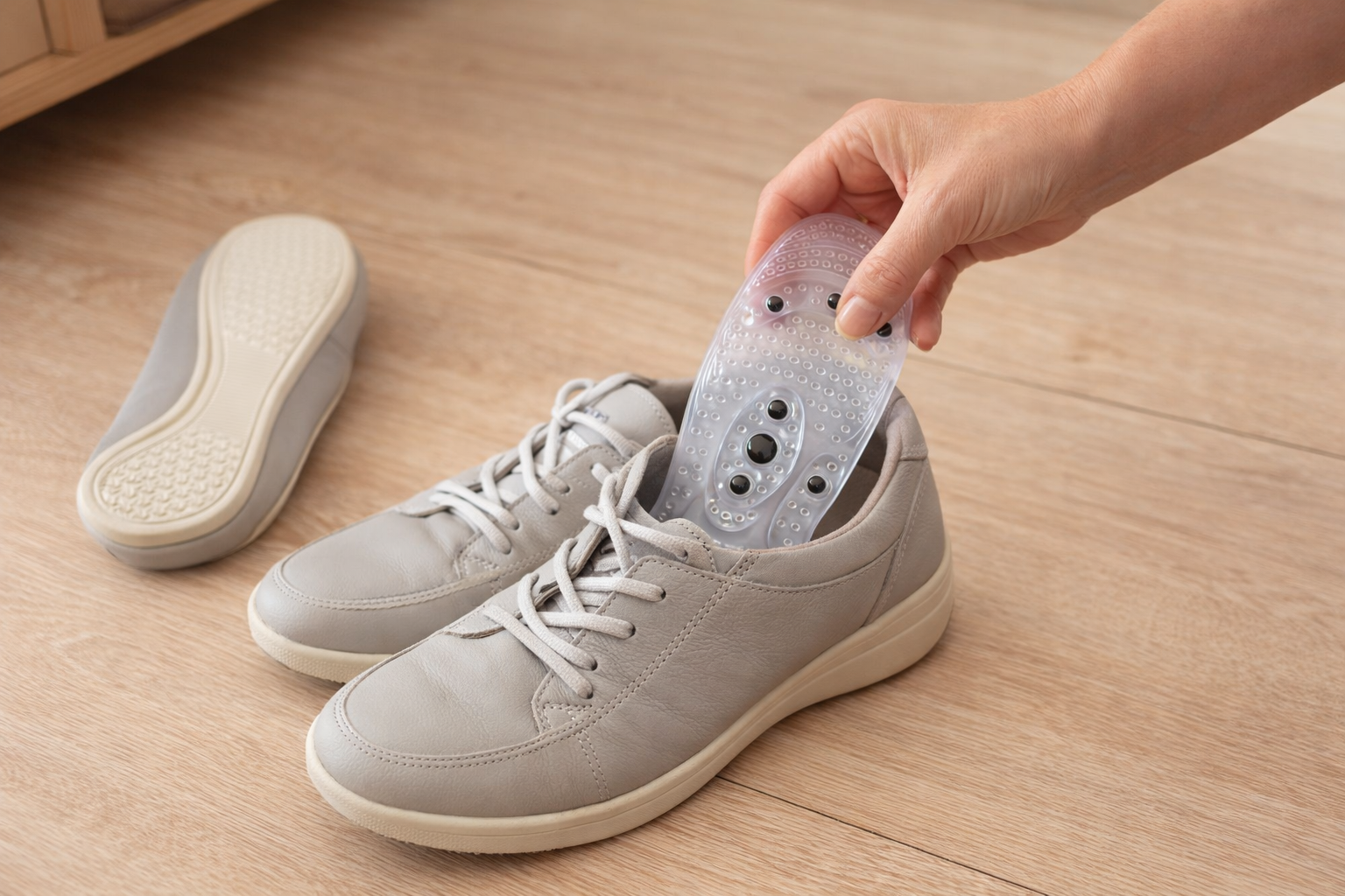 Velora Akupressur-Einlegesohle wird in einen normalen Damen-Schuh eingelegt – häusliche Umgebung, Holzboden