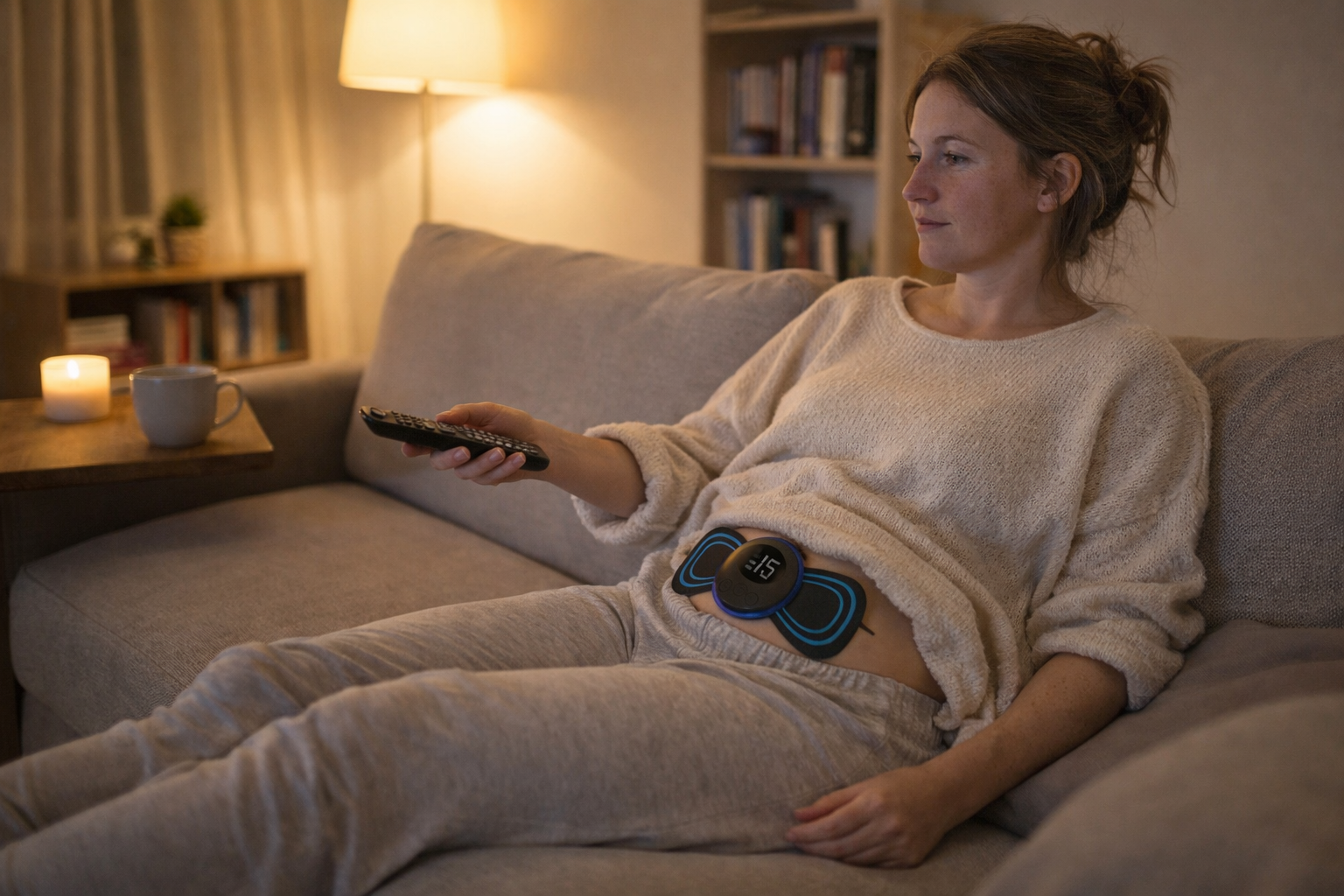 Frau auf dem Sofa mit LEVA-Gerät am Unterbauch beim Fernsehen