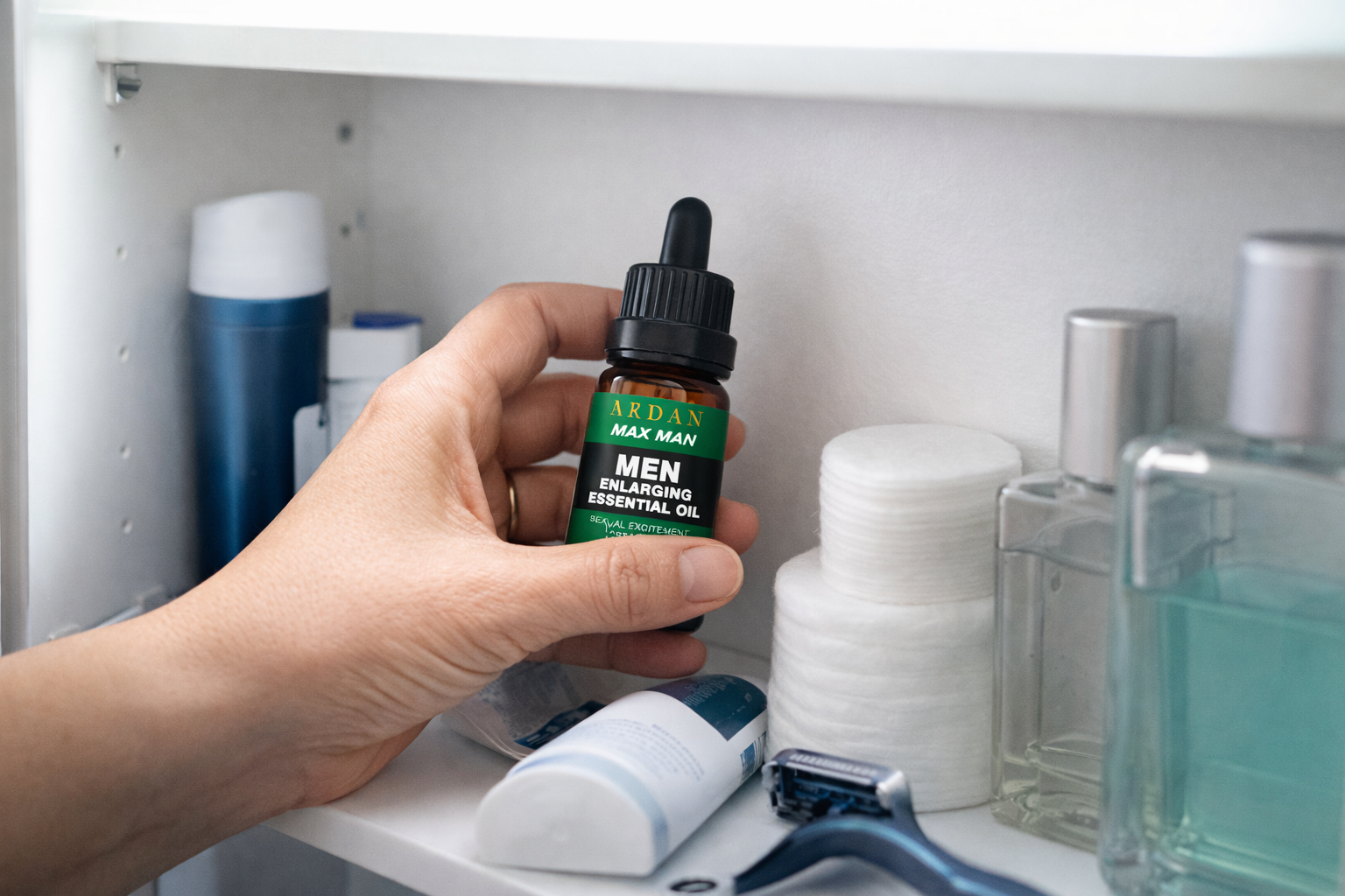 Eine Hand entdeckt eine kleine bhannsteinfarbene Flasche in einem Badschrank