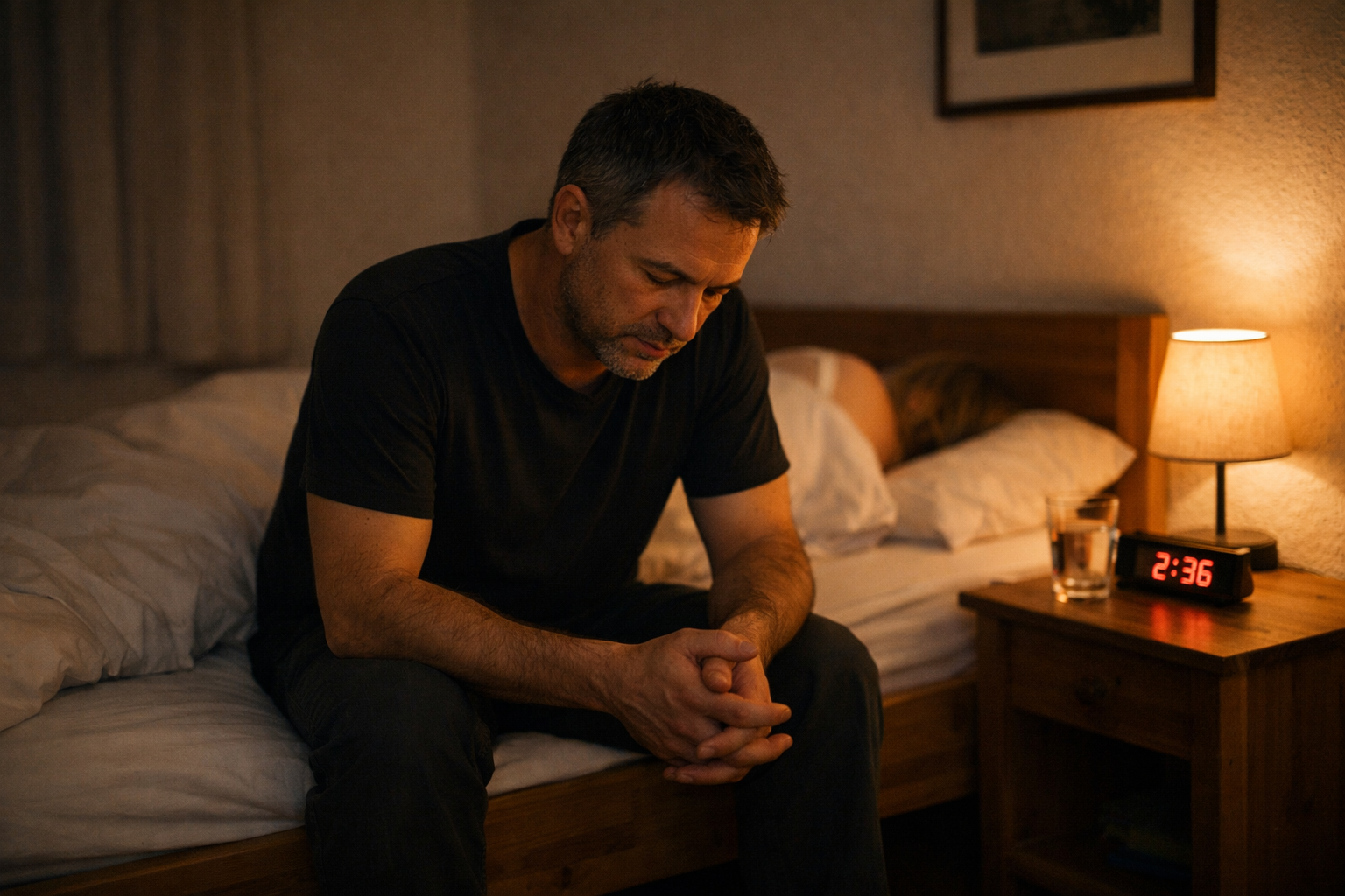 Mand sidder alene på sengekanten om natten