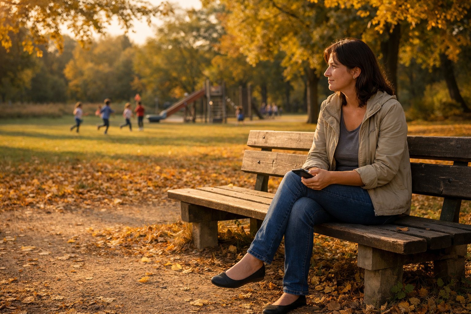 Femme assise pensive sur un banc de parc, regardant des enfants jouer
