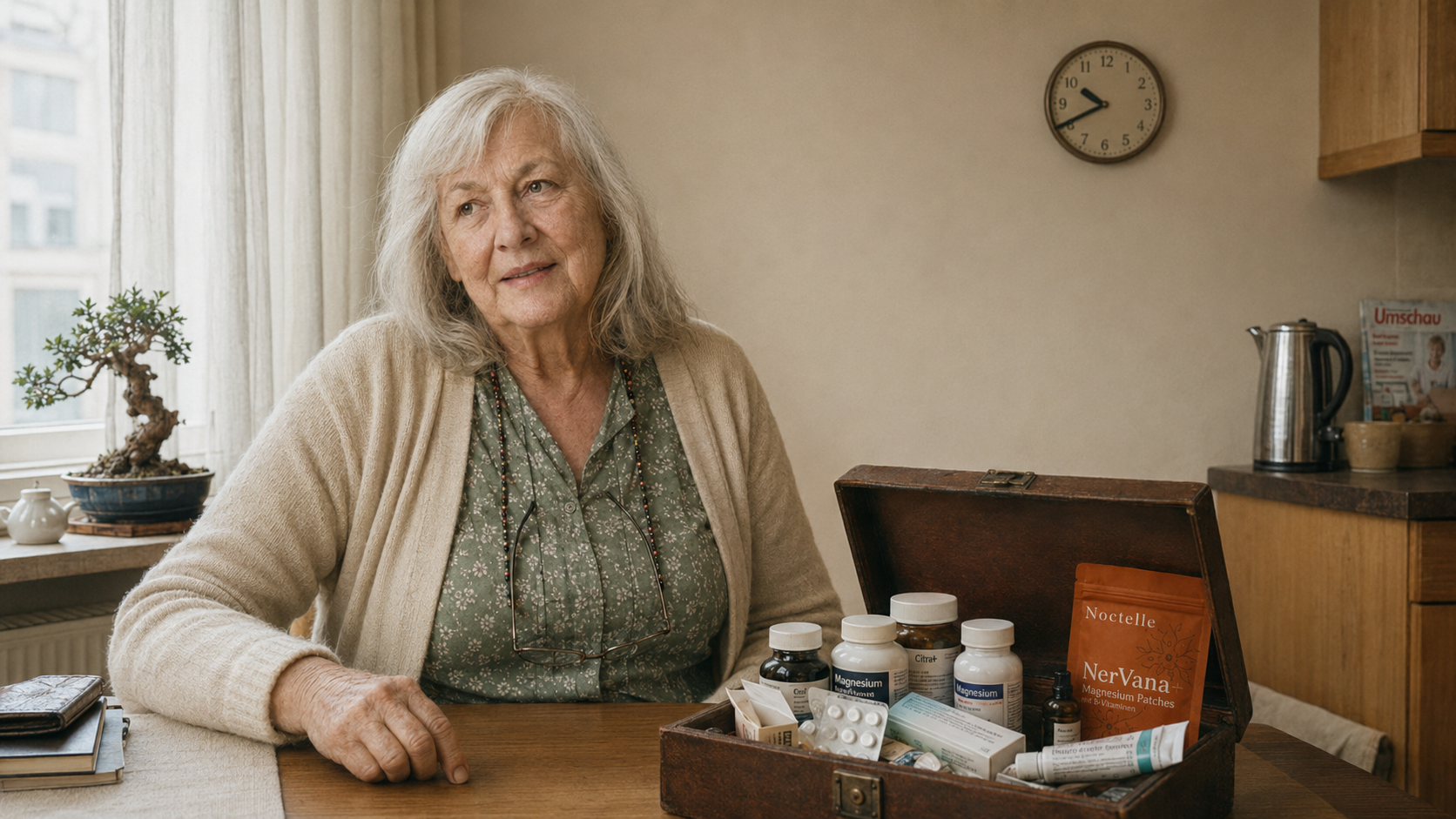 Brigitte sitzt an ihrem Küchentisch mit einer Sammlung verschiedener Medikamente und Therapieversuche