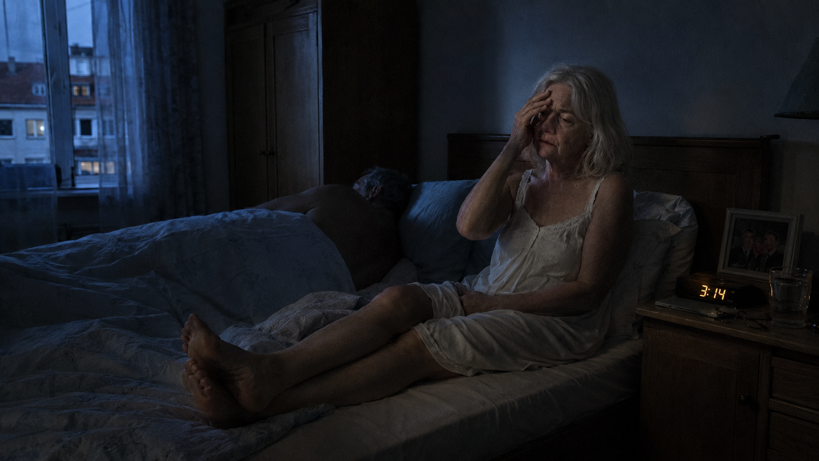 Eine Frau wach um 3 Uhr morgens im dunklen Schlafzimmer mit brennenden Füßen