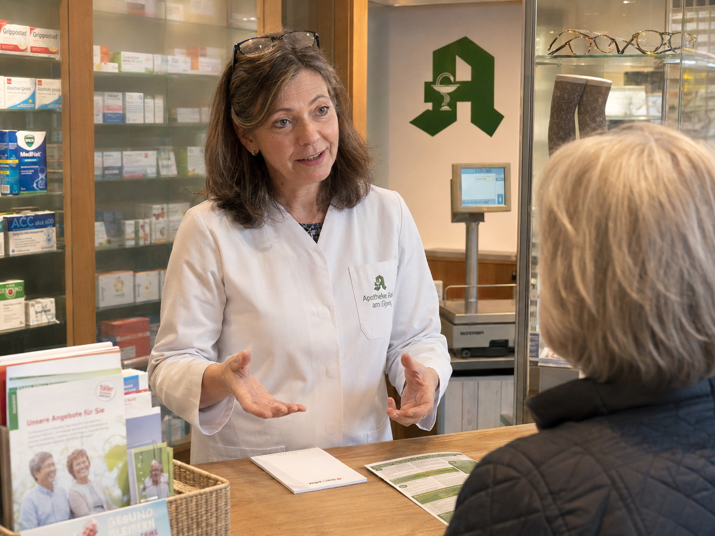 Eine deutsche Apothekerin im weißen Kittel erklärt einer Kundin Inhaltsstoffe in ihrer Hamburger Apotheke