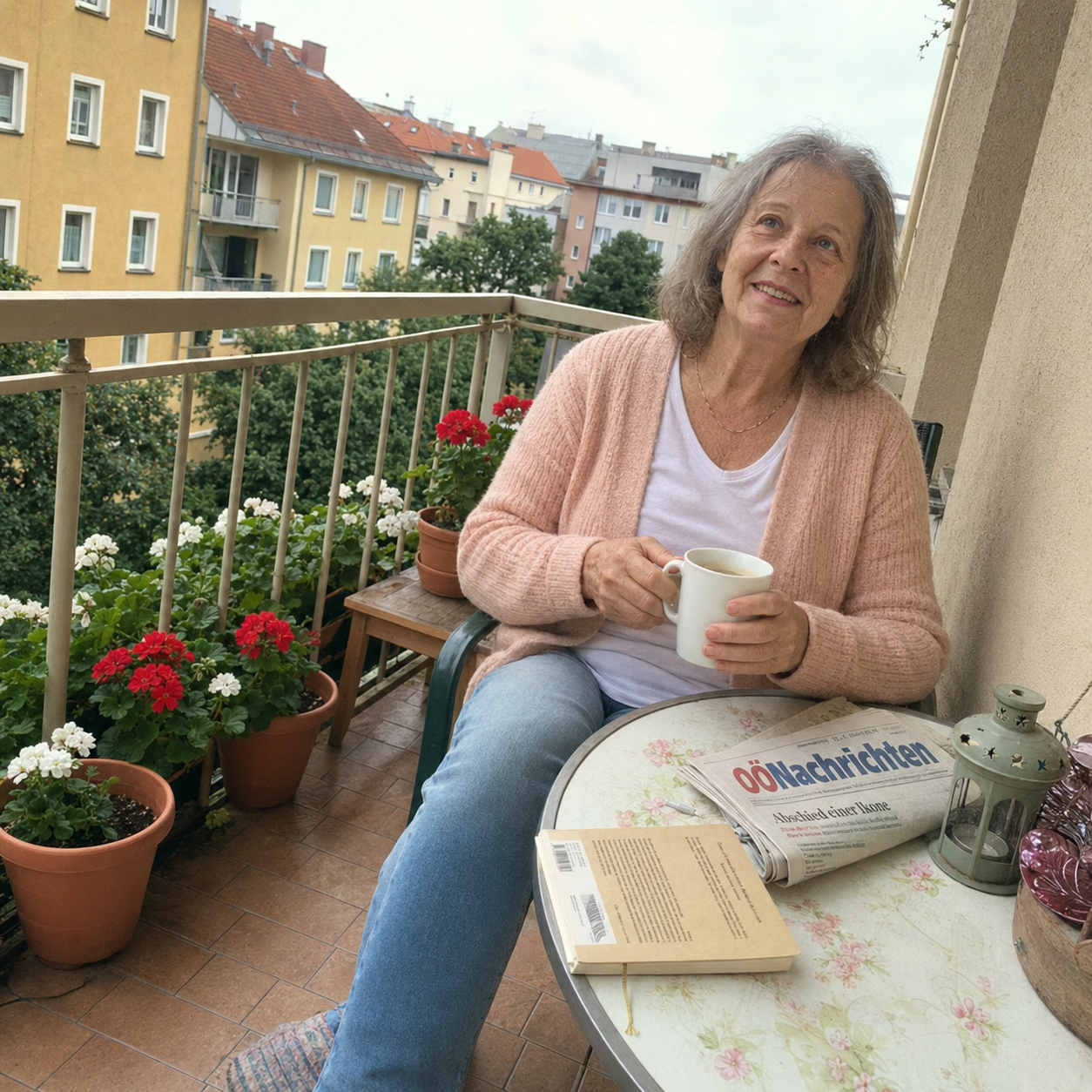 Rachel W., 64, auf ihrem Balkon in Linz