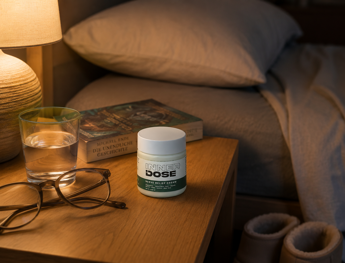 InnerDose Nerve Relief Cream Tiegel auf dem Nachttisch neben einer Lampe