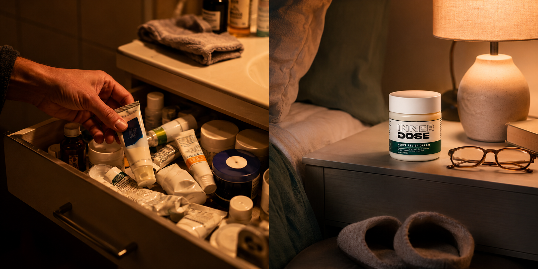Bathroom drawer with half-used rubs, creams and drops