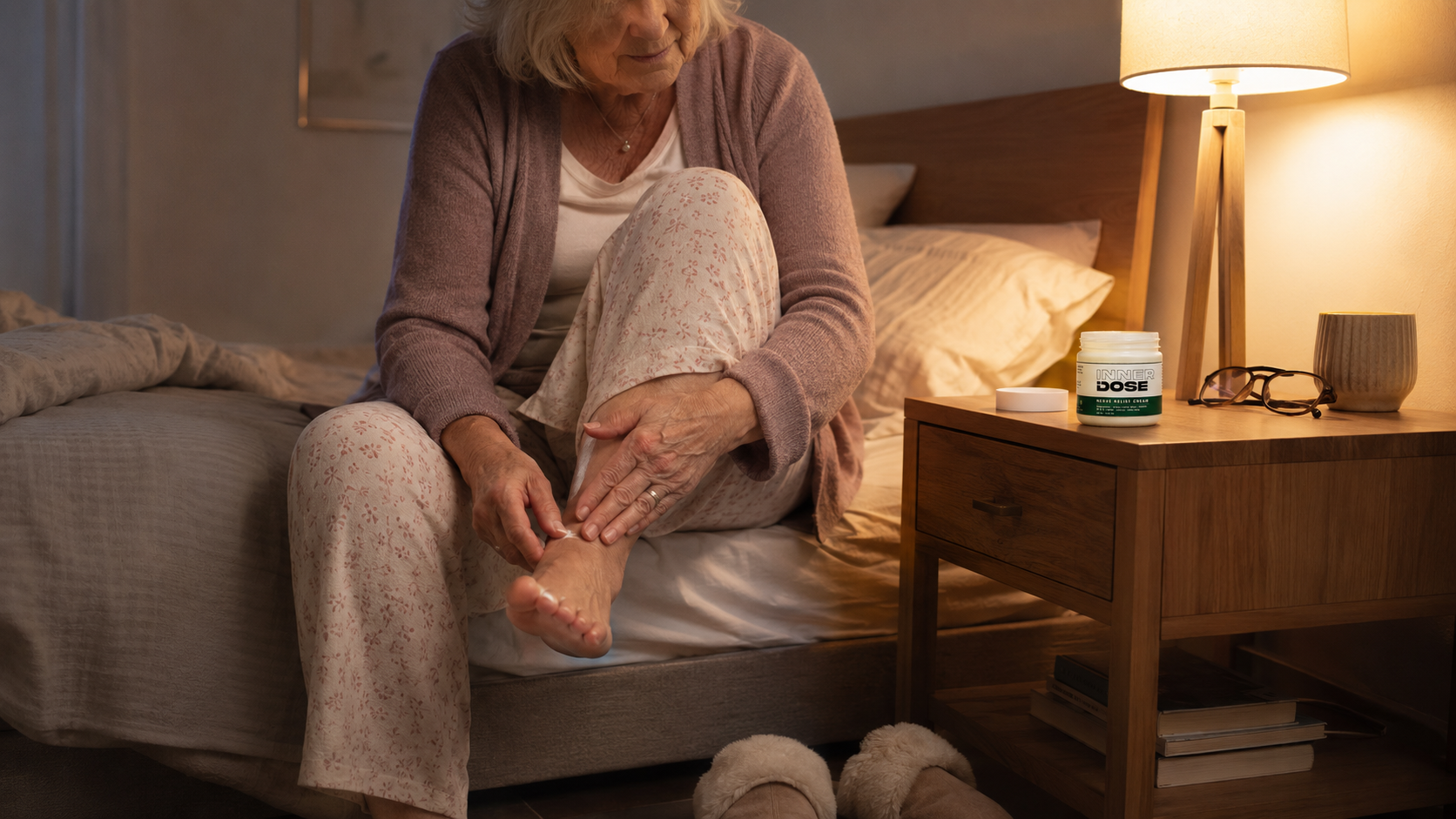 InnerDose cream being massaged into a foot in the evening