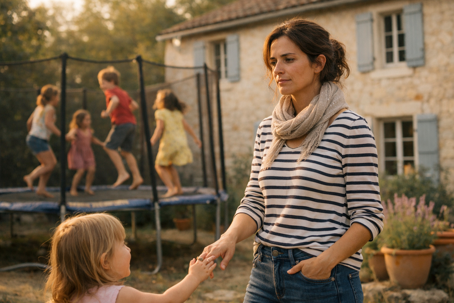 Mutter steht am Rande einer Kinder-Trampolinparty und schaut auf ihr Handy