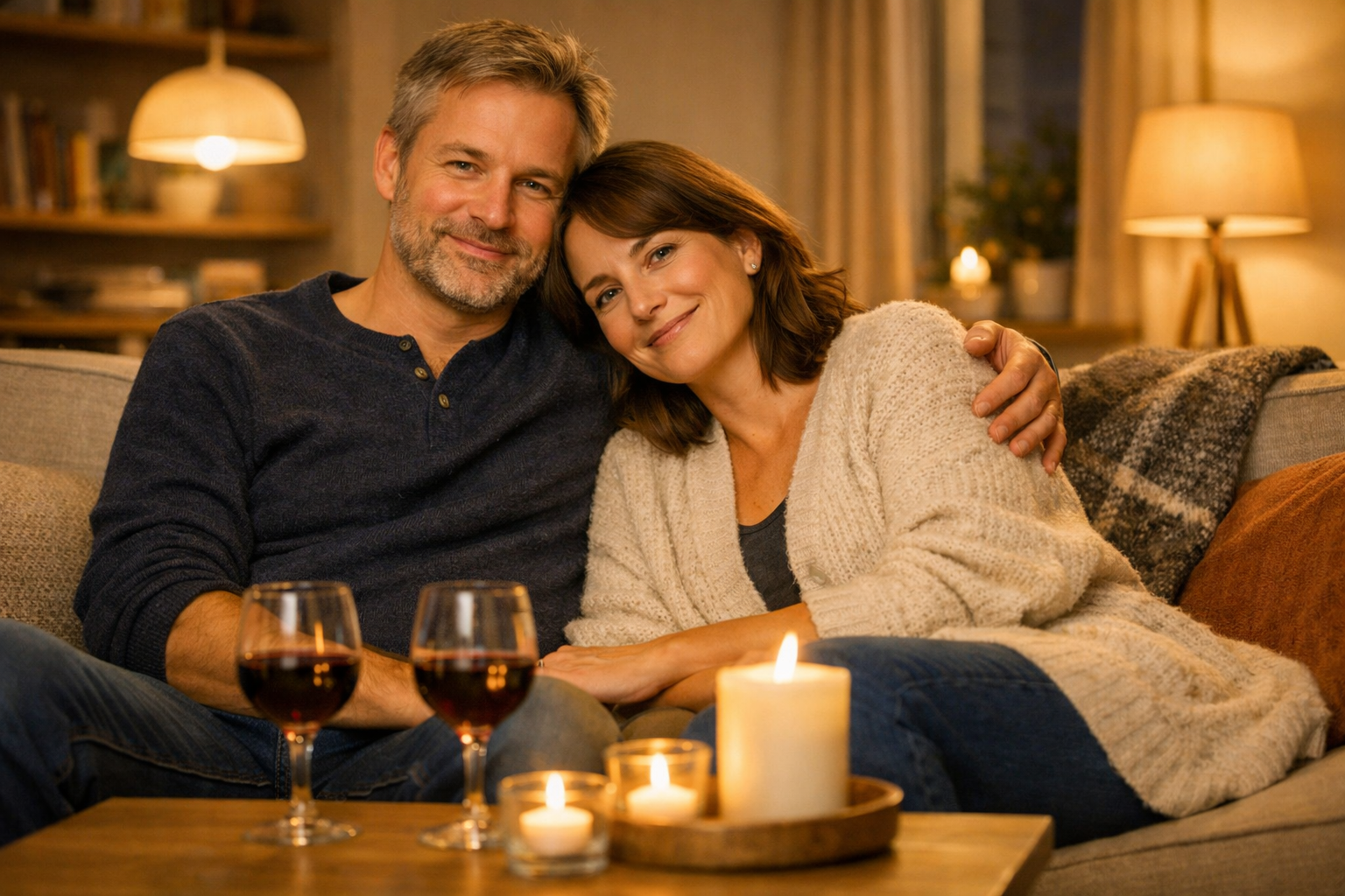 Das Paar sitzt wiedhan zusammen auf dem Sofa, sie lehnt sich an ihn