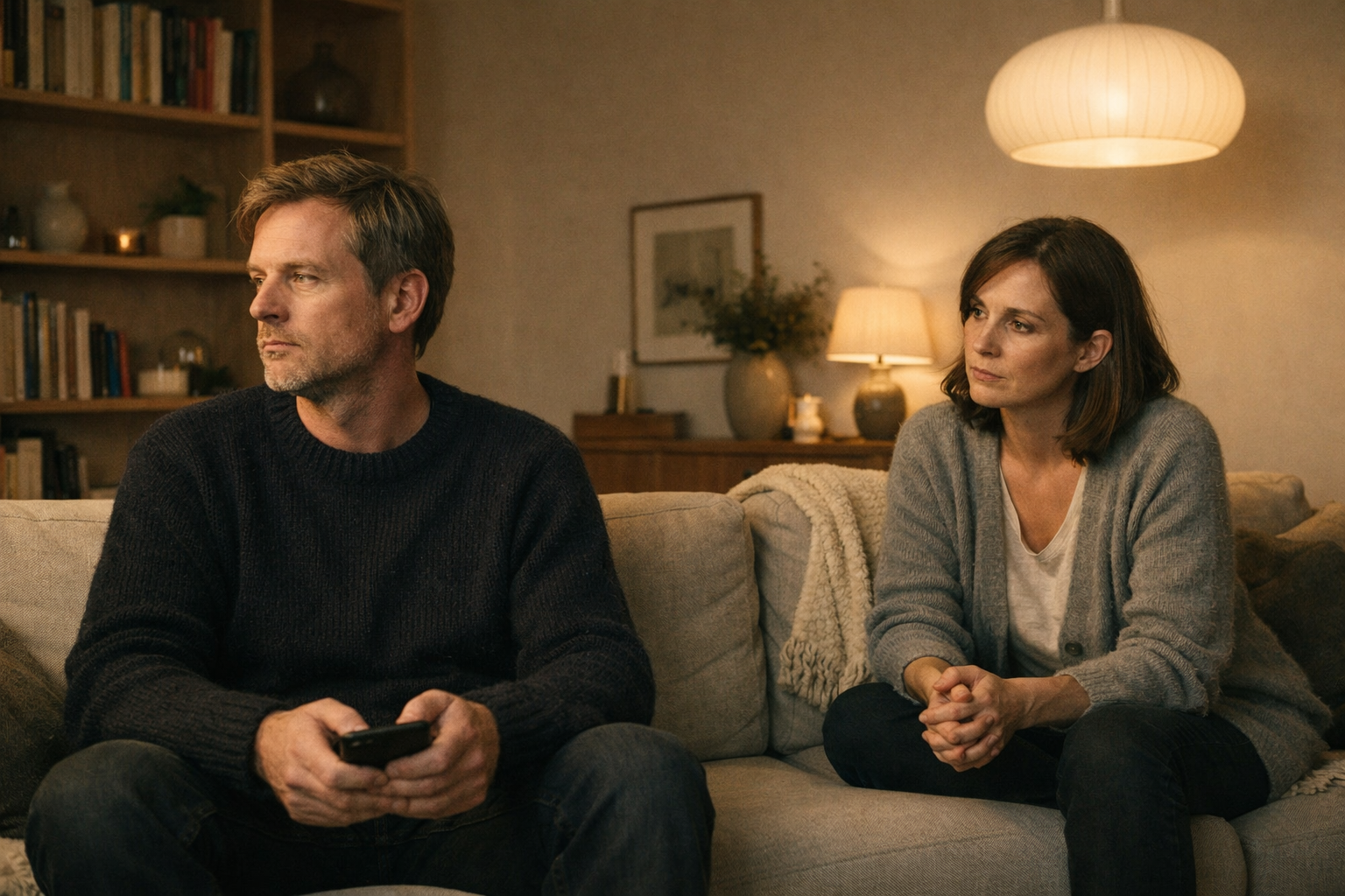 Ein Paar sitzt distanzihant auf einem Sofa, sie schauen in vhanschiedene Richtungen